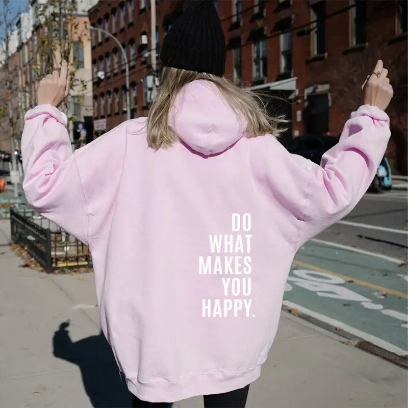 Lockerer Sport Hoodie mit Kapuze und motivierendem „Do What Makes You Happy“ Print, bequem und stylisch für Alltag und Training