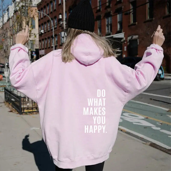 Lockerer Sport Hoodie mit Kapuze und motivierendem „Do What Makes You Happy“ Print, bequem und stylisch für Alltag und Training