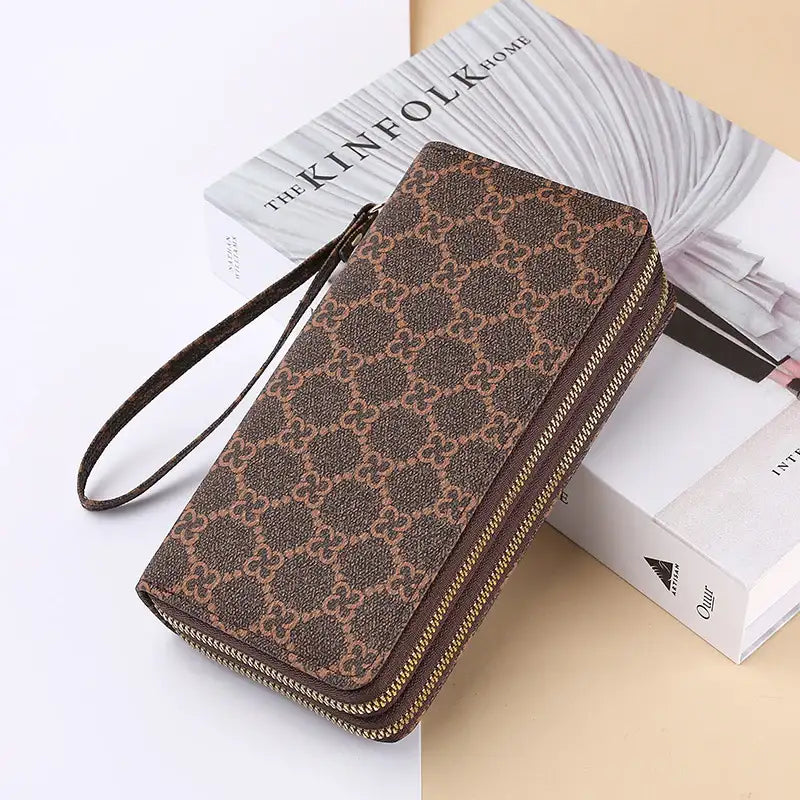 Lange Geldbörse Clutch mit Reißverschluss, Münzfach und Handytasche in Schwarz und Kaffee