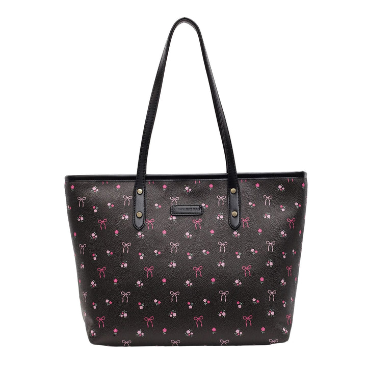 Schwarze Henkeltasche mit romantischem Blumen- und Schleifenmuster in Pink. IsabellBoutique030