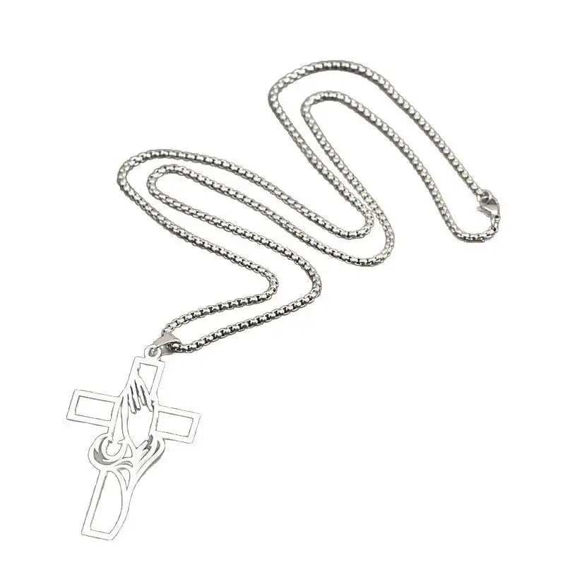 Moderne Kreuz-Halskette aus poliertem Edelstahl mit Perlenkette und geometrischem Linien-Design, unisex und langlebig