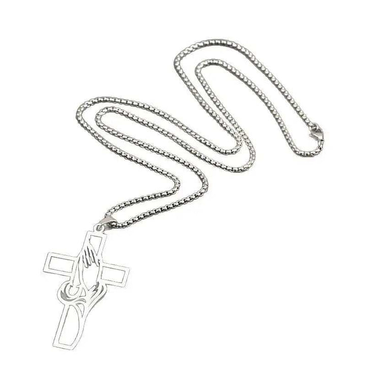 Moderne Kreuz-Halskette aus poliertem Edelstahl mit Perlenkette und geometrischem Linien-Design, unisex und langlebig