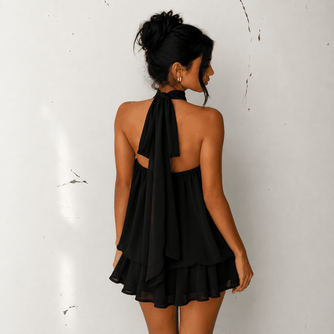 Sommerliches Neckholder-Kleid mit Raffungen und rückenfreiem Ausschnitt, elegantes Strandkleid in A-Linie
