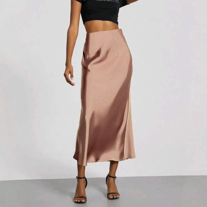Rosafarbener Satin Midi Rock mit hoher Taille und seidigem Glanz. IsabellBoutique030