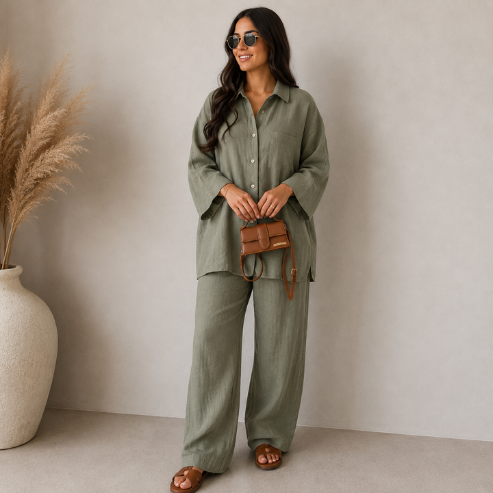 Damen Zweiteiler aus lockerem Langarmhemd und weit geschnittener Hose in modernem Casual-Stil
