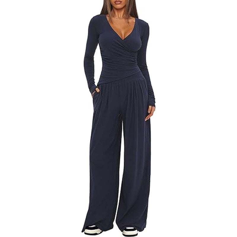 Dunkelblaues Wickelkleid mit langen Ärmeln und weiten Palazzo-Hosen, Freizeit-Look, IsabellBoutique030.