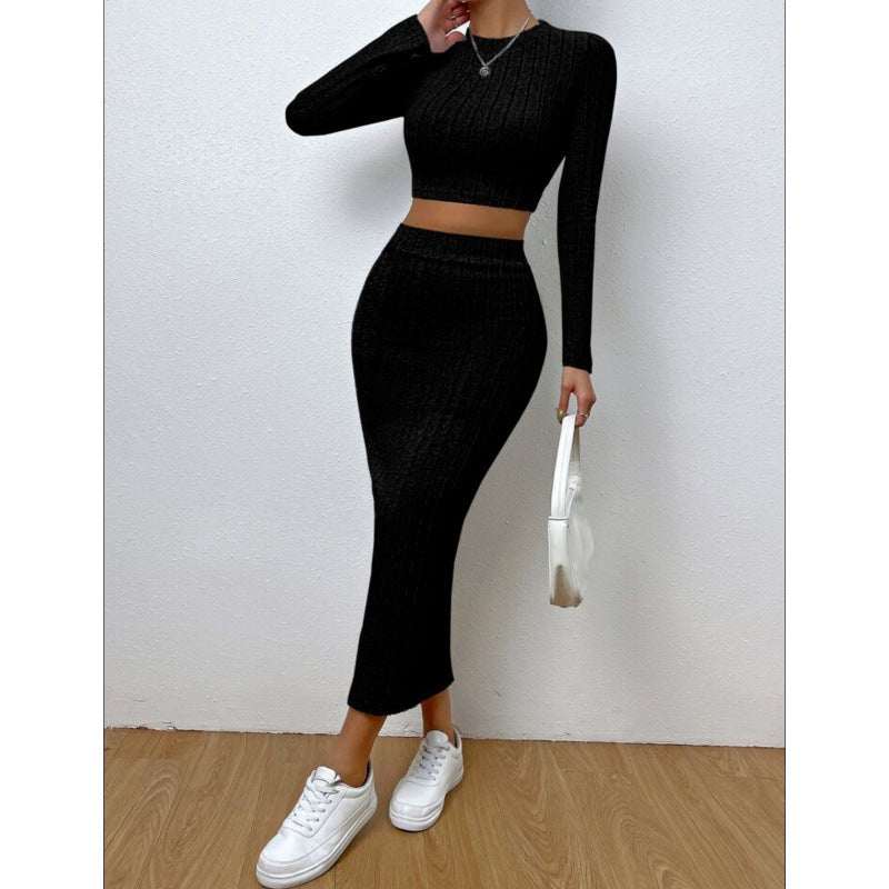 Gerafftes Strick-Zweiteiler Set Damen Langarm Crop Top und Midi-Maxirock Casual Chic Street Style