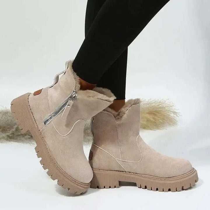 Warme Damen-Schneestiefel mit faltbarem Plüschschaft und Plateau-Sohle in Khaki