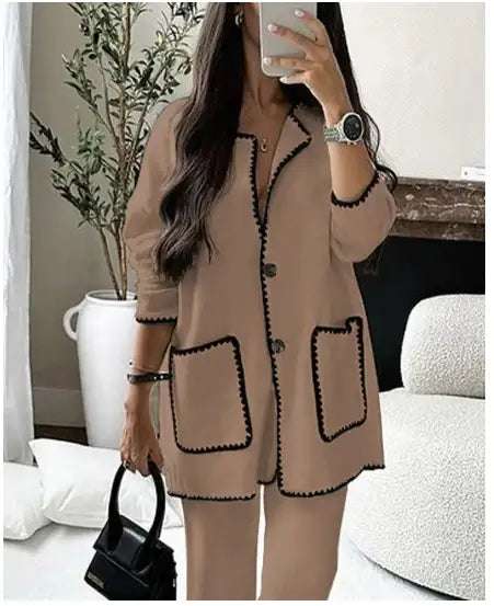 Damen Zweiteiler Set moderner lässiger Anzug aus Polyester in schlichtem Design