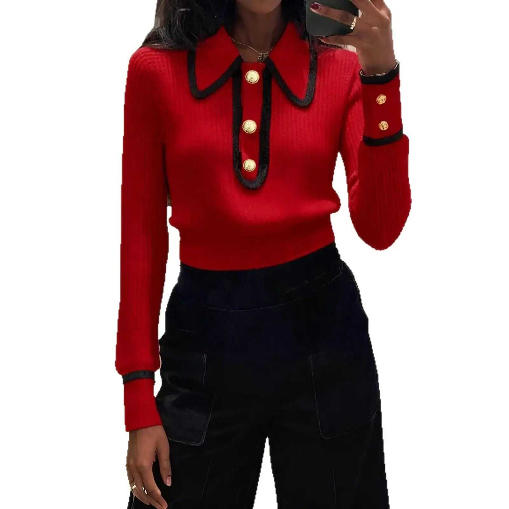Designer-inspirierter Damen Pullover mit auffälligem Colorblock-Design in Rot, Gelb, Grün, Schwarz und Apricot für Herbst und Winter, locker geschnitten und aus mitteldickem Core-Spun Garn.