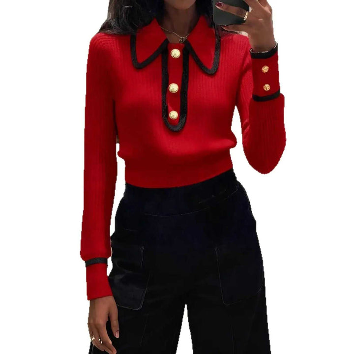 Designer-inspirierter Damen Pullover mit auffälligem Colorblock-Design in Rot, Gelb, Grün, Schwarz und Apricot für Herbst und Winter, locker geschnitten und aus mitteldickem Core-Spun Garn.