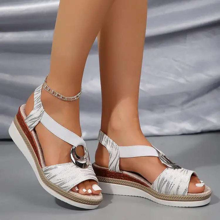 Damen Plateau-Keilsandalen im Römischen Stil mit glitzerndem Paillettenstoff und Peep-Toe