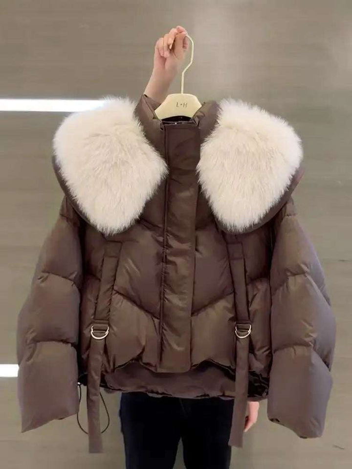 Damen Winterjacke in Braun mit weißem Fellkragen, kurz und gesteppt. IsabellBoutique030