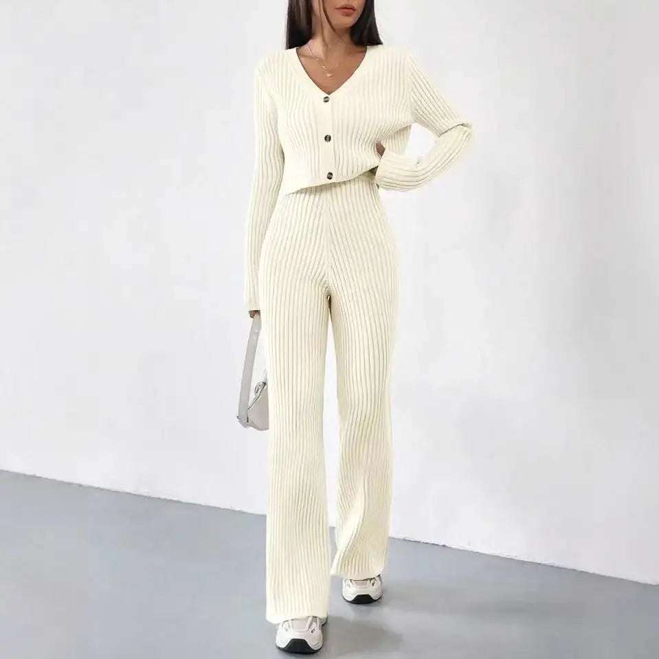 Einfarbiges Damen-Zweiteiler-Set mit V-Ausschnitt, kurzem Cardigan und Bootcut-Hose in moderner Freizeitmode