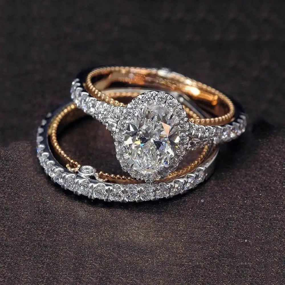 925 Sterling Silber Ring-Set mit ovalem weißen Saphir und zweifarbigem 14K Roségold, ideal für Verlobung und Jubiläum