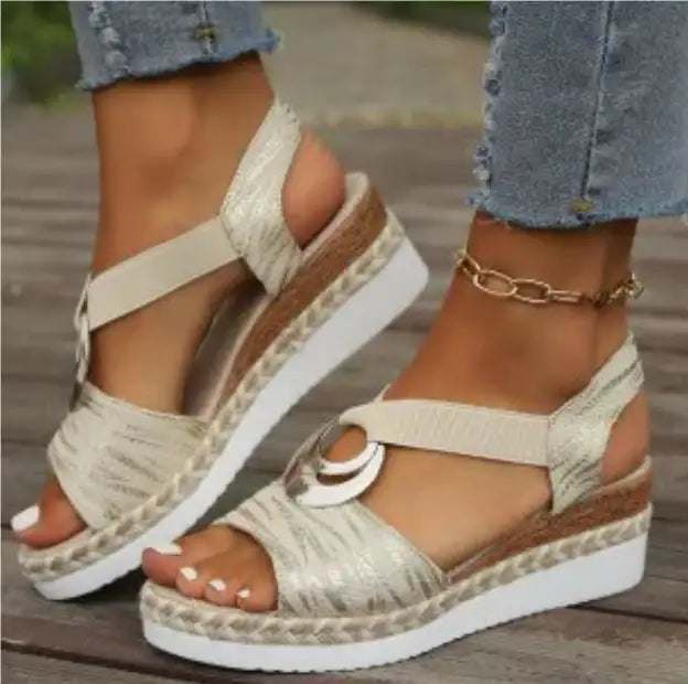 Sommerliche Damen Keilsandalen mit Hanfseil-Design und Peep-Toe, elastisches Band und Gummisohle