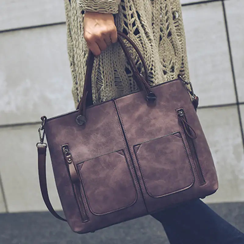 Retro PU-Ölleder Handtasche mit doppelter Tasche im Vintage-Look, vielseitig als Schulter- und Crossbody-Tasche tragbar