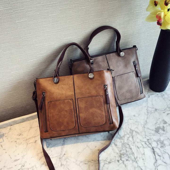 Retro PU-Ölleder Handtasche mit doppelter Tasche im Vintage-Stil, vielseitig als Schulter- und Crossbody-Tasche tragbar