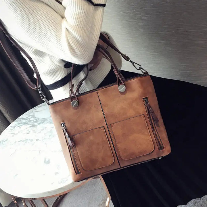 Retro PU-Ölleder Handtasche mit doppelter Tasche als Schulter- und Crossbody-Tasche in Vintage-Look