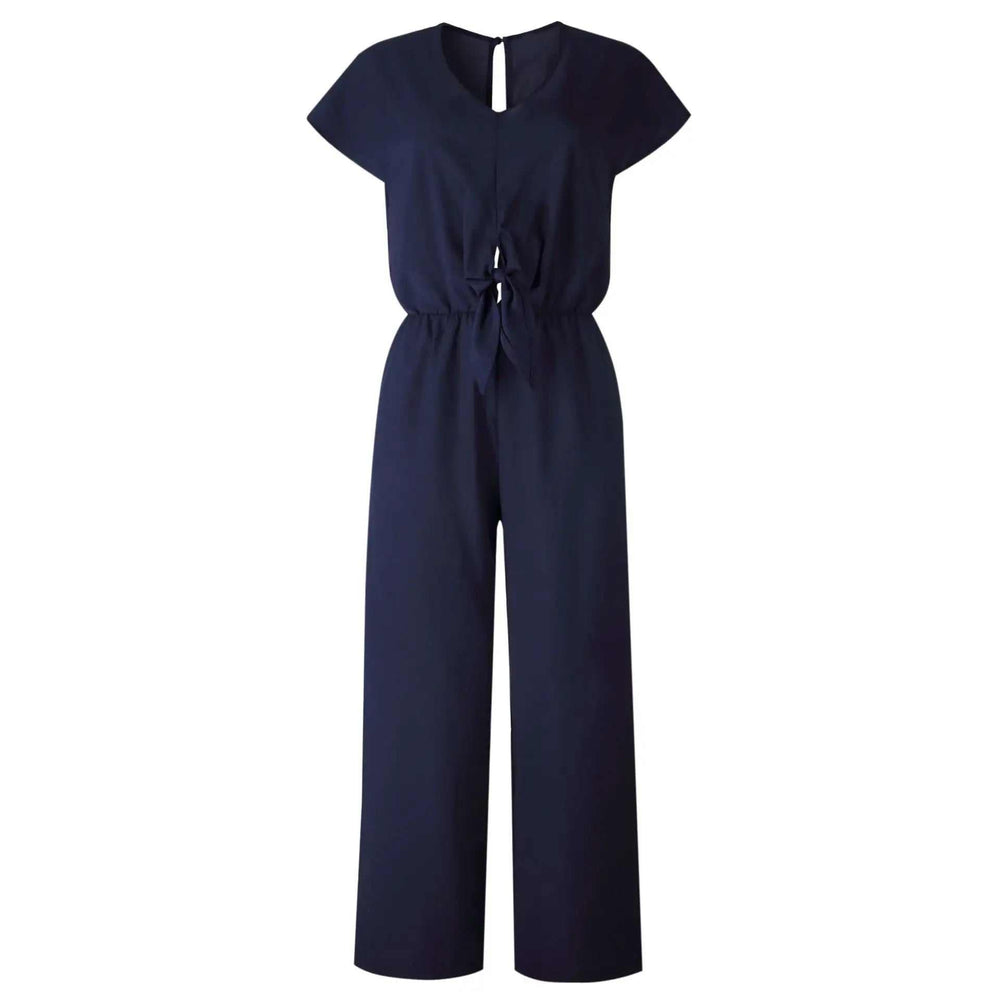 Dunkelblauer Jumpsuit mit kurzen Ärmeln und Bindegürtel an der Taille IsabellBoutique030