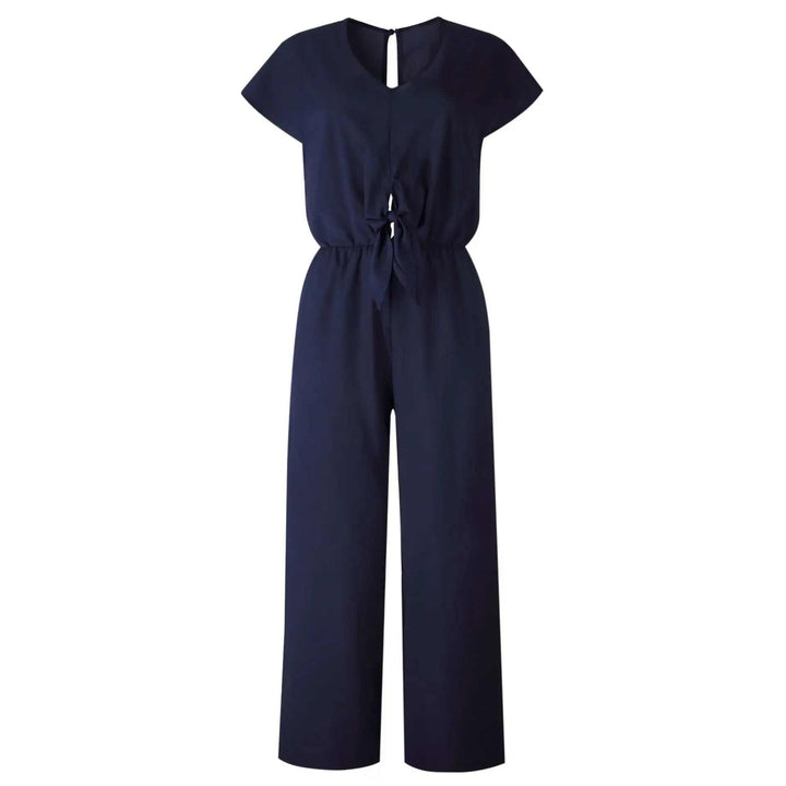 Dunkelblauer Jumpsuit mit kurzen Ärmeln und Bindegürtel an der Taille IsabellBoutique030