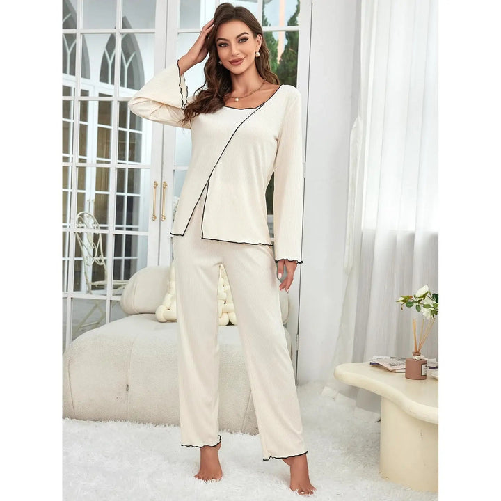 Beiges Damen Homewear Set langärmliger Pyjamaanzug aus weichem Polyester-Spandex-Mix für zuhause