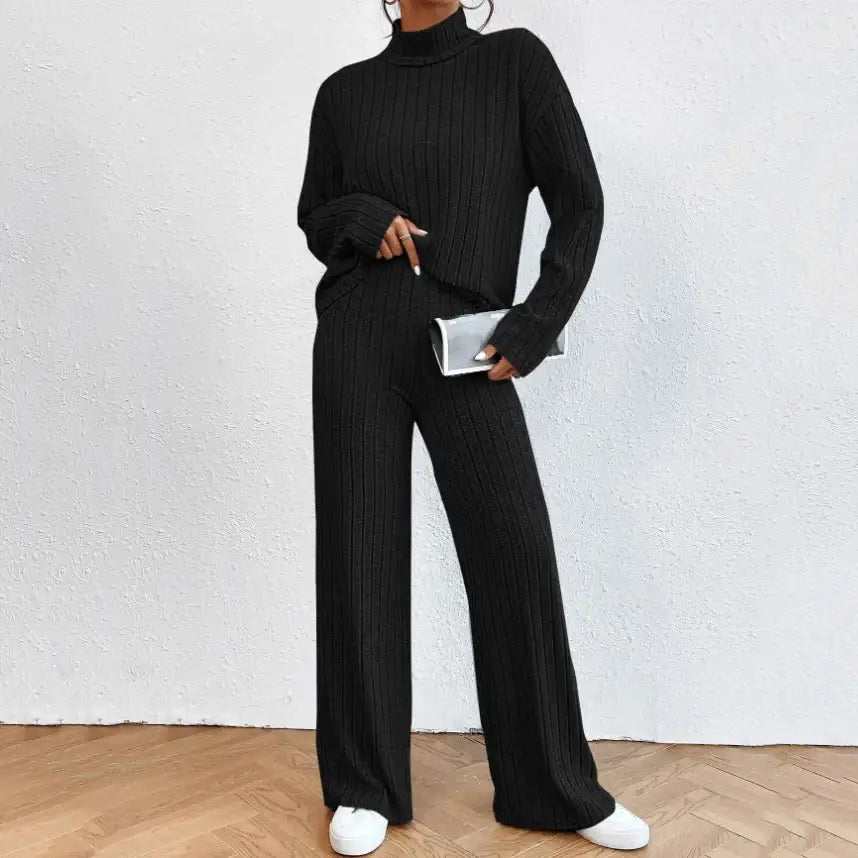 Schwarzer Strickpullover mit Rollkragen und weite Hose, Damen-Set IsabellBoutique030