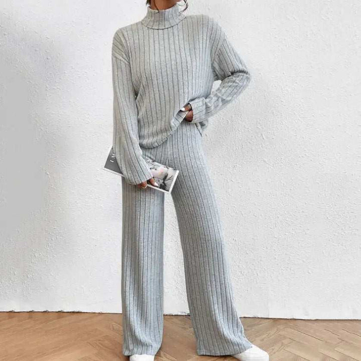 Graues Rippstrick-Rollkragen-Pullover-Set mit weiten Hosen und Schlagärmeln, Freizeitmode, IsabellBoutique030