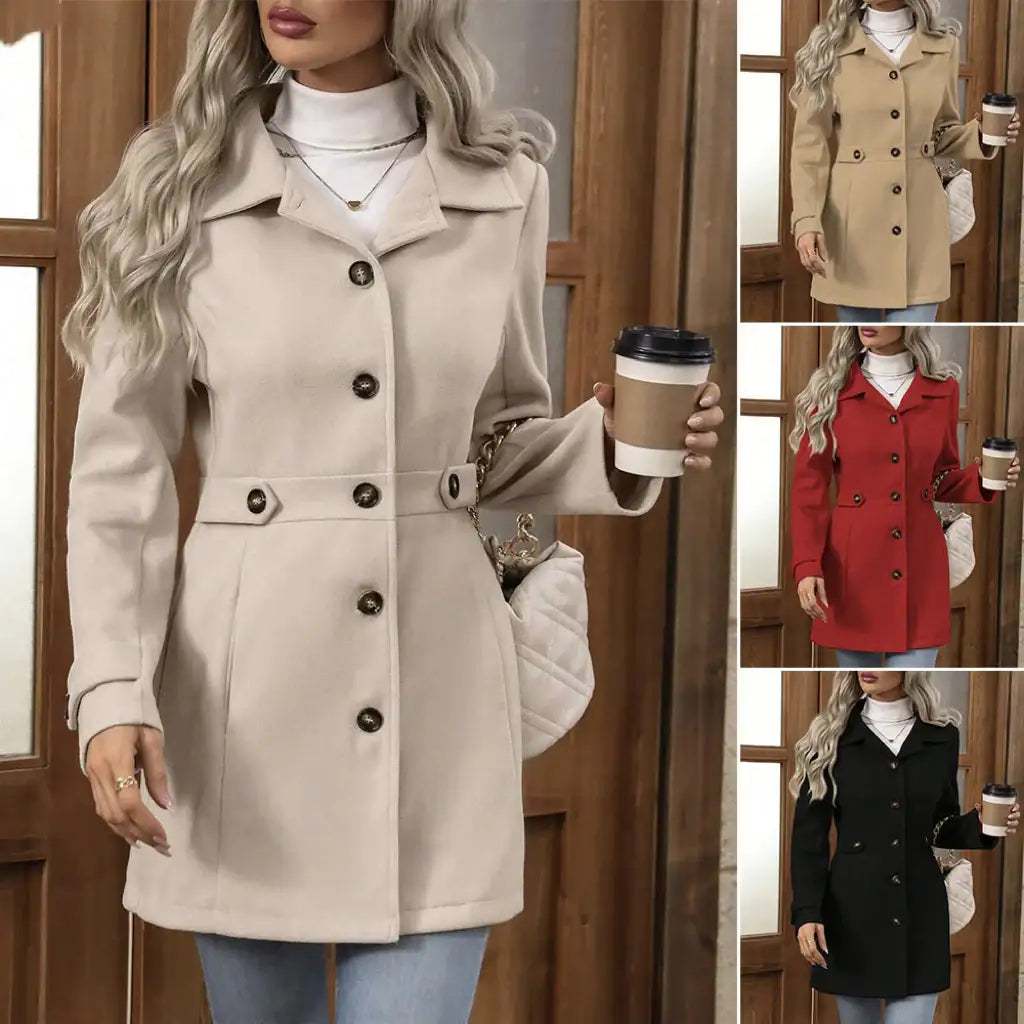 Eleganter mittellanger Damen Wollmantel mit Reverskragen und einreihiger Knopfleiste in verschiedenen Farben