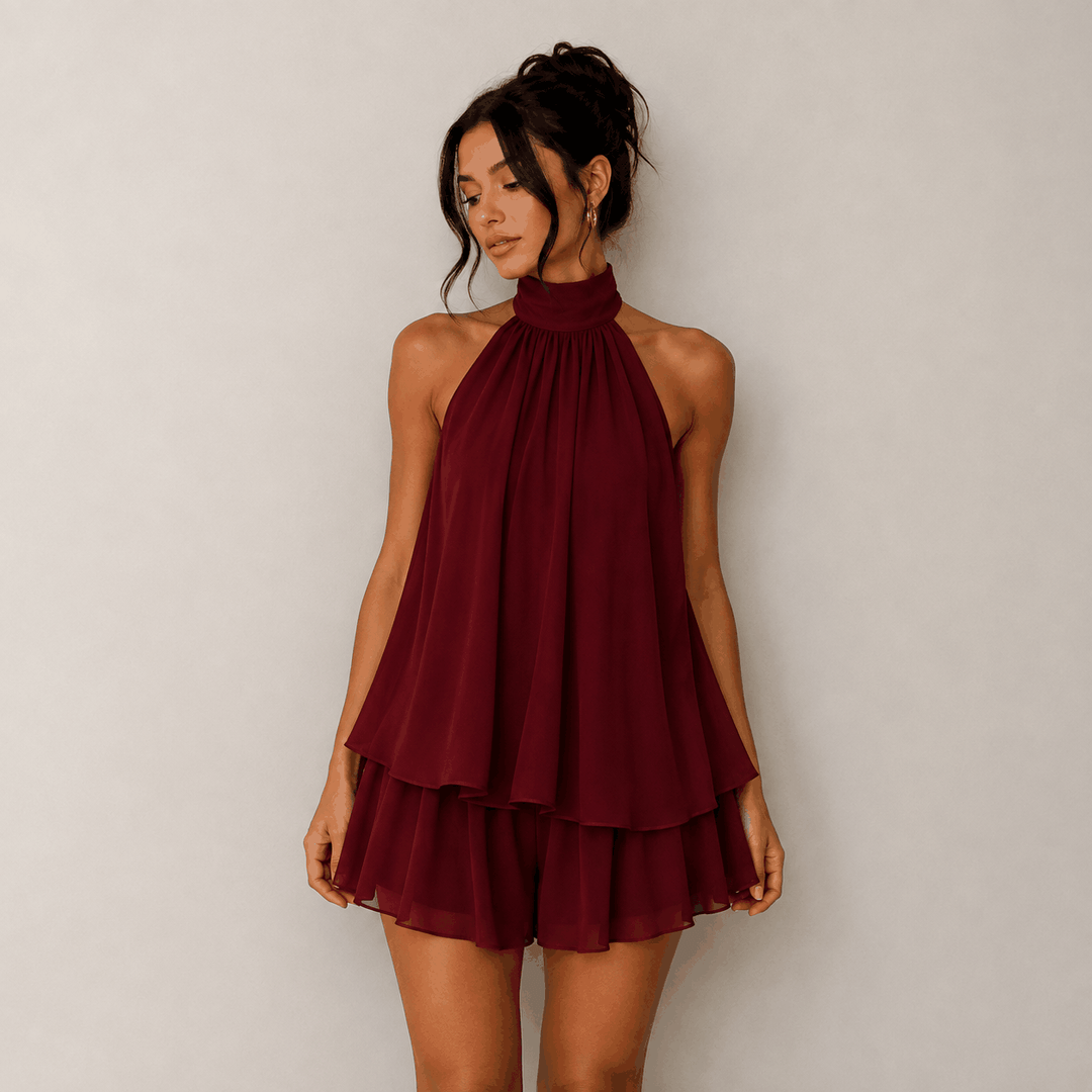 Elegantes sommerliches Neckholder-Kleid mit A-Linien-Schnitt und raffinierten Raffungen