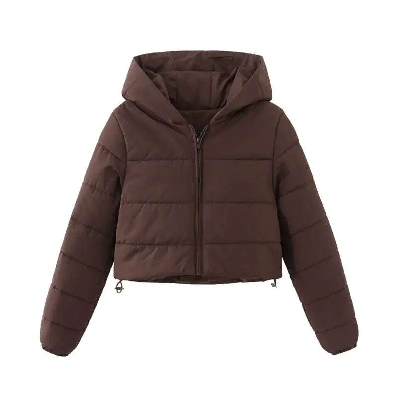 Braune, gesteppte, kurze Damen-Steppjacke mit Kapuze, Reißverschluss und Kordelzug am Saum. IsabellBoutique030