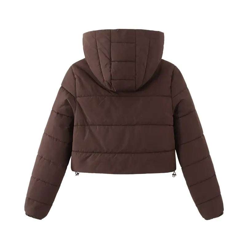 Kurze, gesteppte braune Winterjacke mit Kapuze für Damen, IsabellBoutique030