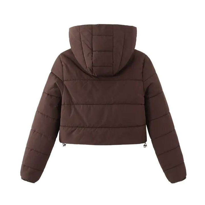 Kurze, gesteppte braune Winterjacke mit Kapuze für Damen, IsabellBoutique030