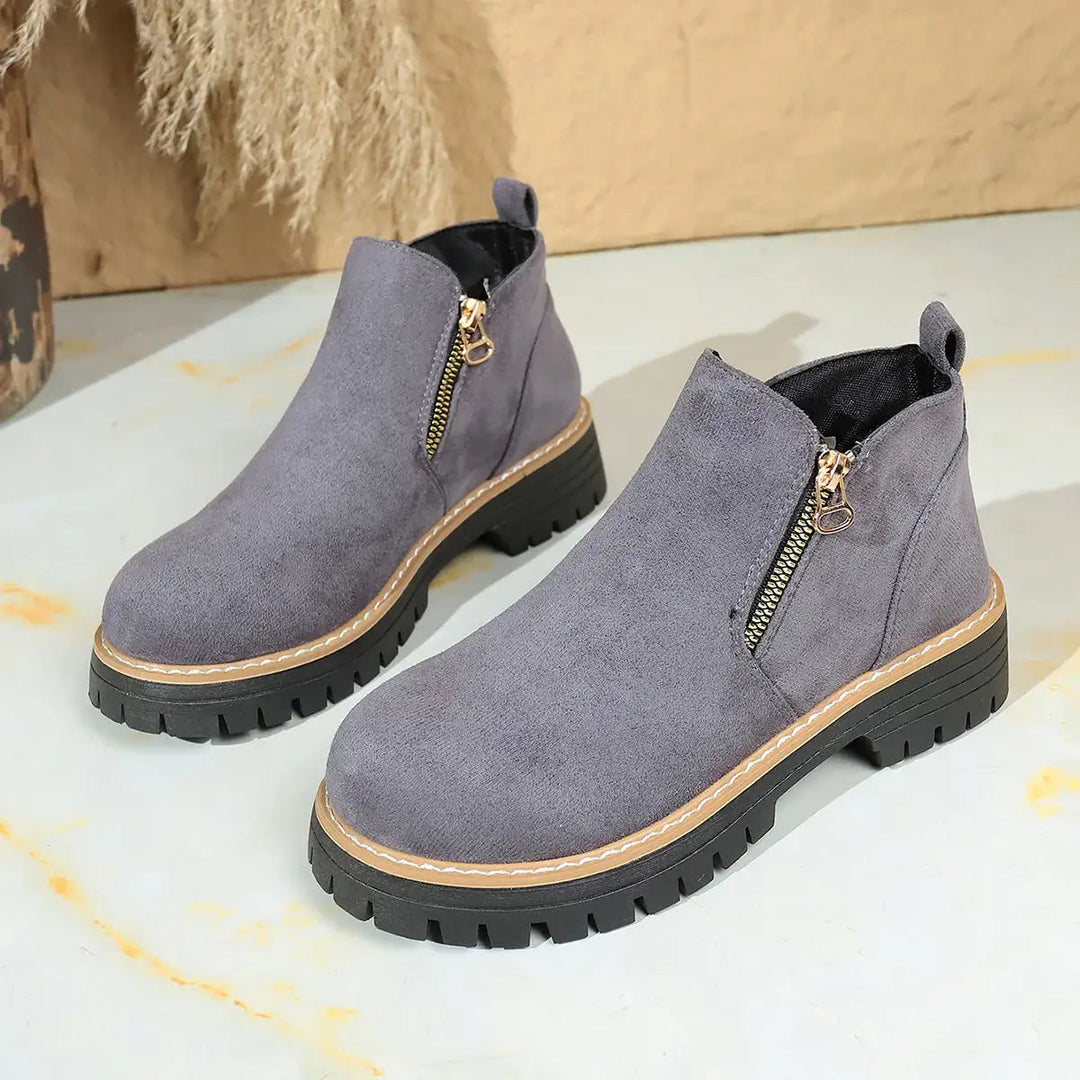 Damen Chunky Ankle Schuhe mit Reißverschluss, Wildleder-Optik und Blockabsatz für Herbst und Winter