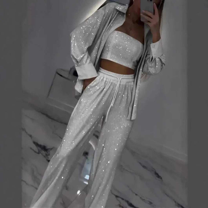 Schwarzer Pailletten-Dreiteiler Damen mit Jacke, Top und Hose für festliche Anlässe