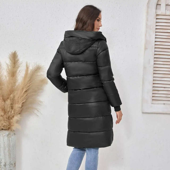 Schwarzer langer Daunenmantel mit Kapuze, warm und gesteppt, Damenmode, IsabellBoutique030