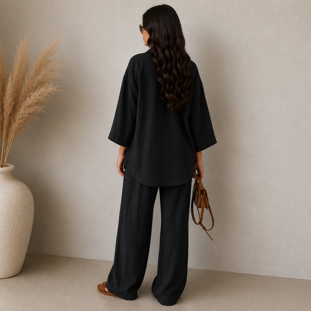 Damen Zweiteiler aus lockerem Langarmhemd und weiter Hose, bequem und modern