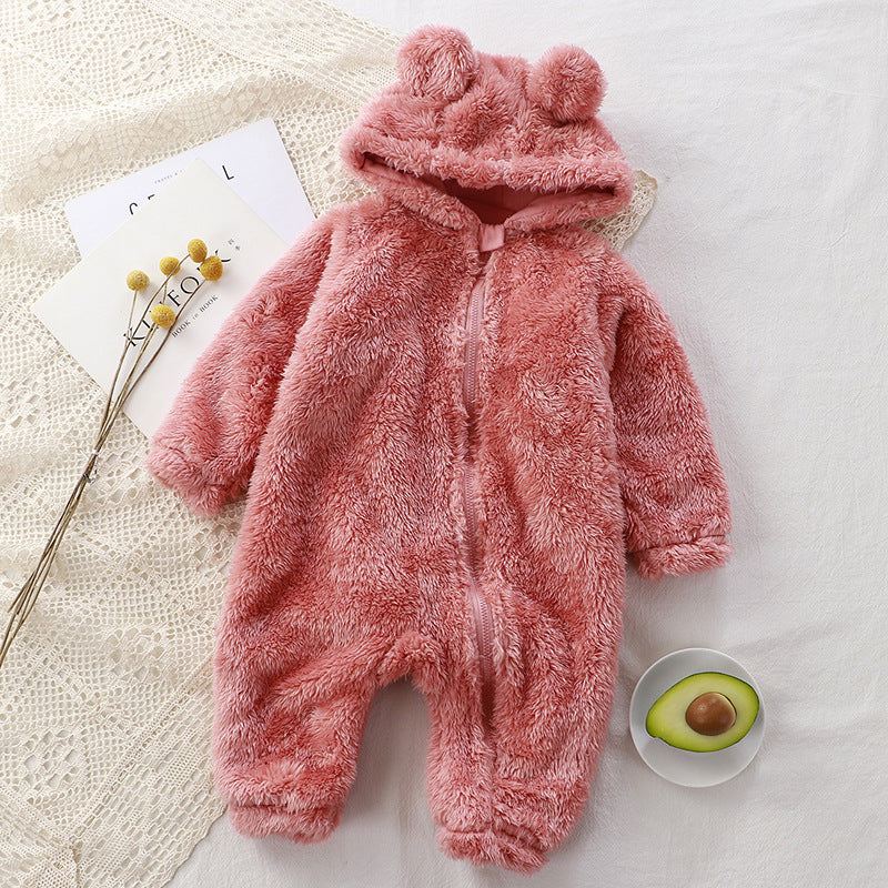 Weicher Baby Winter Plüsch-Overall mit Kapuze und Bärenohren in Braun