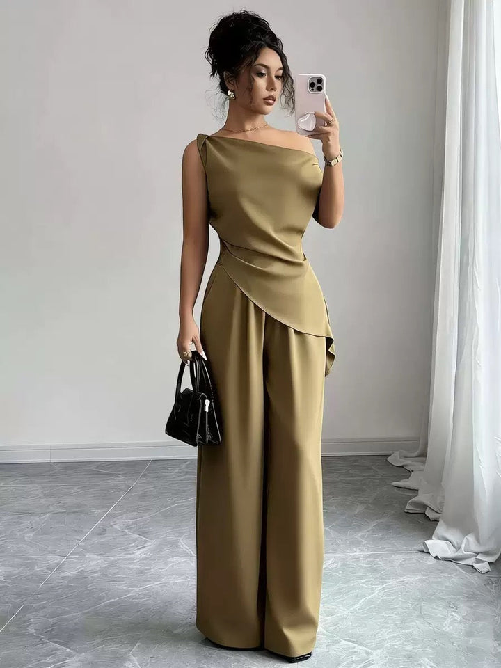 Damen-Jumpsuit in Khaki, asymmetrischer Ausschnitt, weite Beine, elegant, modisch, Abendmode IsabellBoutique030