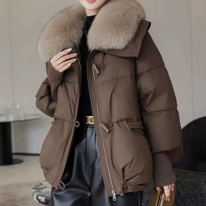 Damen Winter-Steppjacke mit Fellkragen, kurz, warm und dick gefüttert in Braun