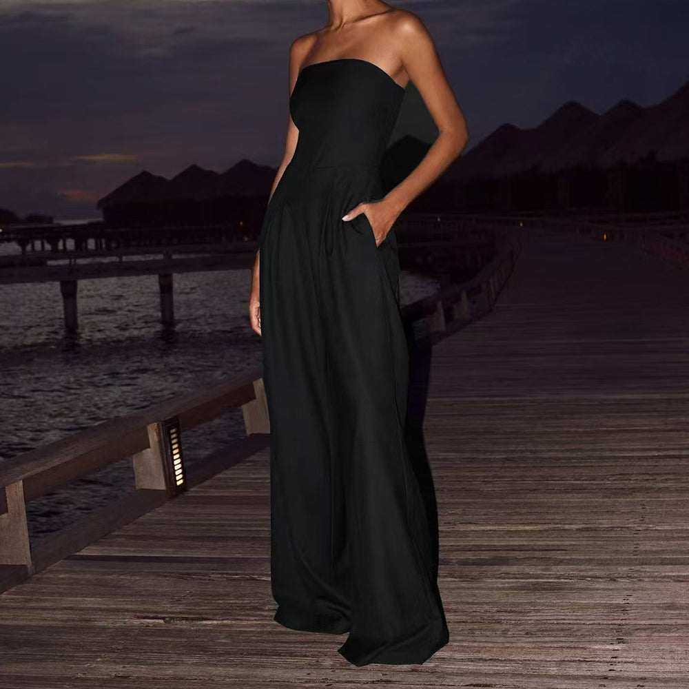 Schwarzer, trägerloser Jumpsuit mit weitem Bein und Taschen, elegant IsabellBoutique030
