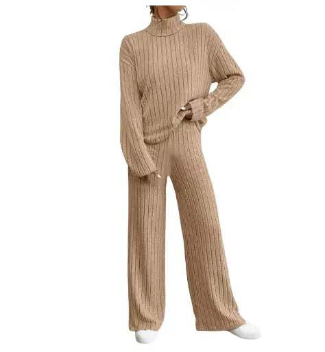 Damen Cord-Strickanzug mit Rollkragenpullover und weiten Hosen, hellbraun, IsabellBoutique030