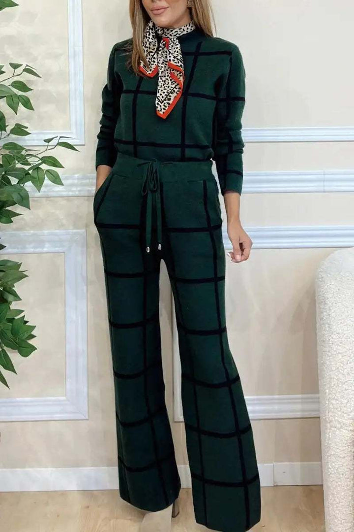 Damen Rollkragen Langarm Kariertes Print-Hosenanzug Set - Damenmode online kaufen | Isabell Boutique
