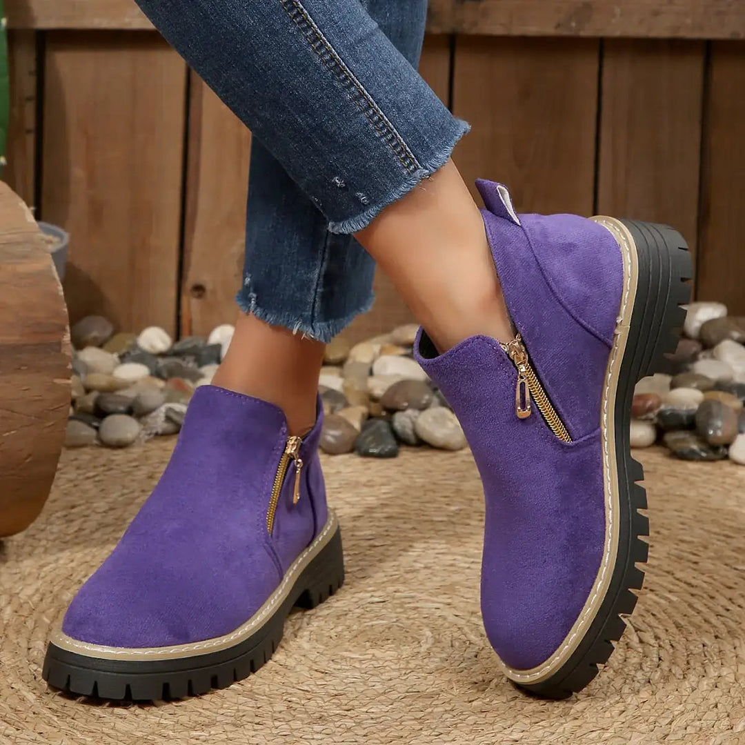 Damen Chunky Ankle Schuhe mit Wildleder-Optik, Reißverschluss und Blockabsatz für Herbst und Winter