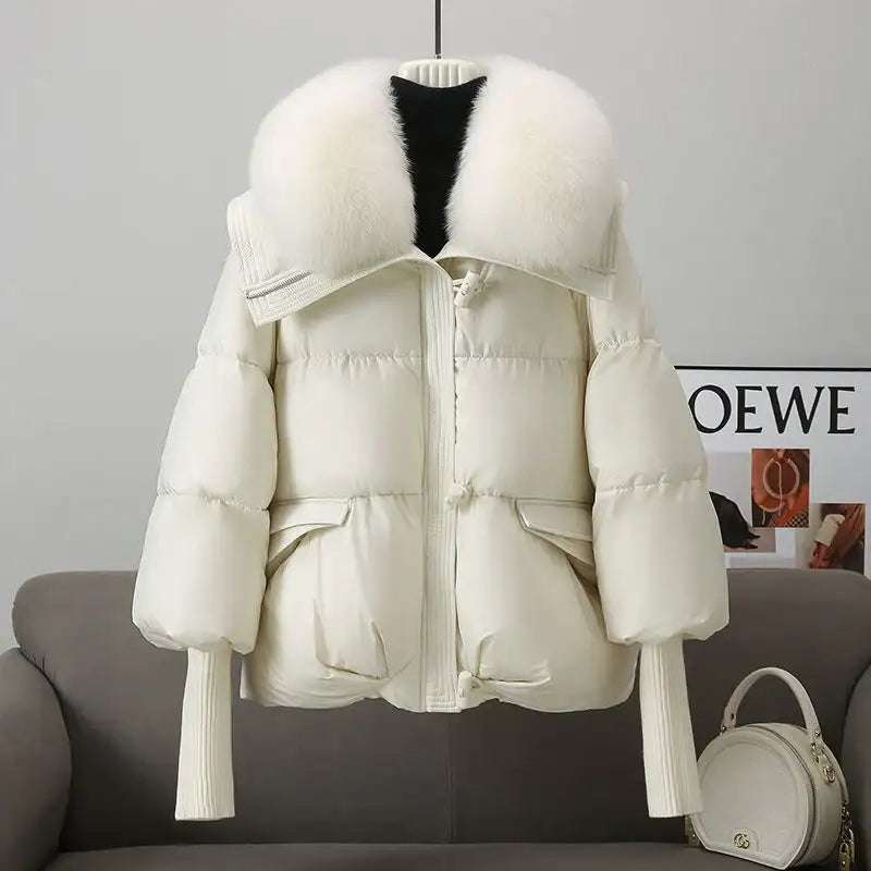 Damen Winter-Steppjacke mit Fellkragen, kurz, warm und dick gefüttert, in Braun, Schwarz und Weiß