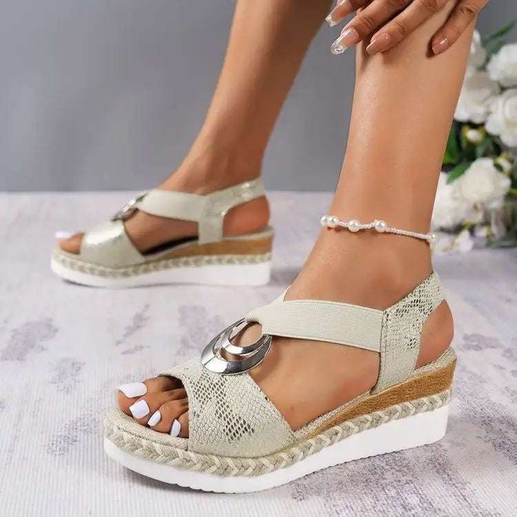 Sommerliche Damen Keilsandalen mit Hanfseil-Design und Peep-Toe, elastisches Band und Gummisohle
