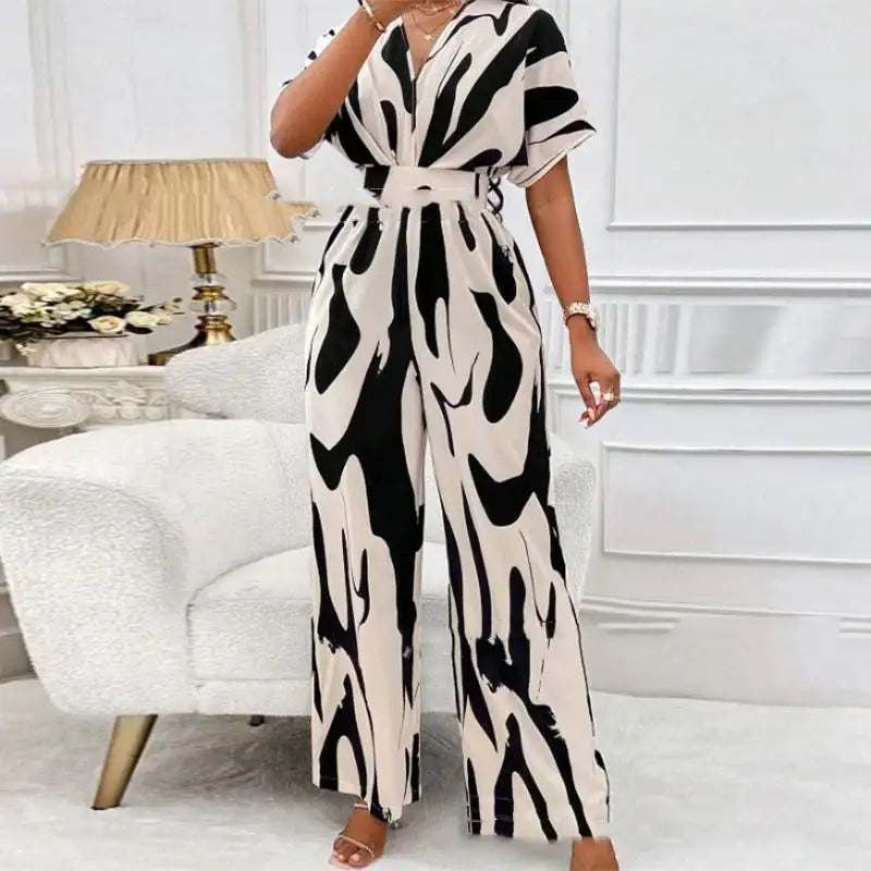 Locker Geschnittener Bedruckter Lang Jumpsuit mit V-Ausschnitt - Damenmode online kaufen | Isabell Boutique