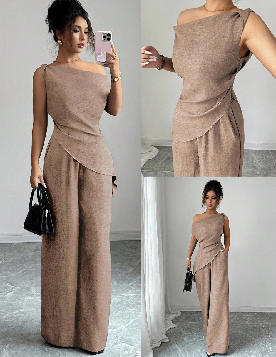Damen-Zweiteiler: asymmetrisches Oberteil und weite Hose in Braun. IsabellBoutique030