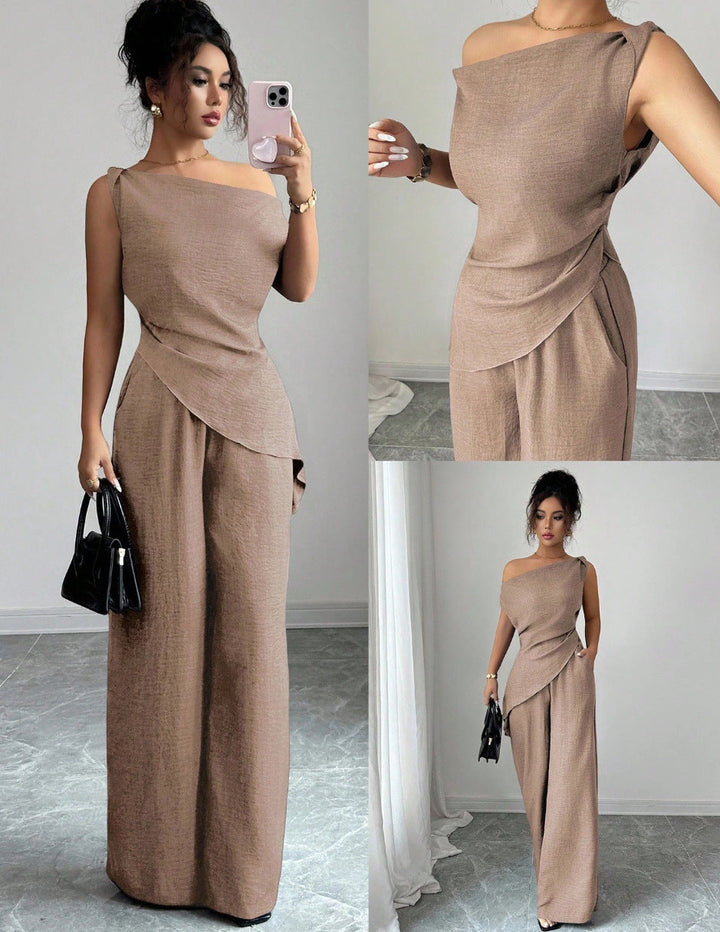Damen-Zweiteiler: asymmetrisches Oberteil und weite Hose in Braun. IsabellBoutique030