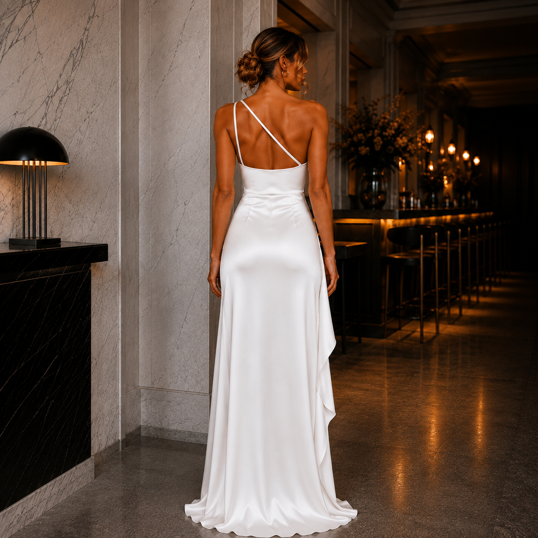 Elegantes Satin-Abendkleid mit One-Shoulder-Design und Beinschlitz in luxuriösem Glanz